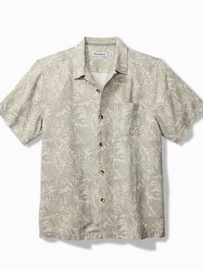 Tommy Bahama 100% Silk Floral Palm Haven Camp Shirt Light Gray Men XL Hawaiian
